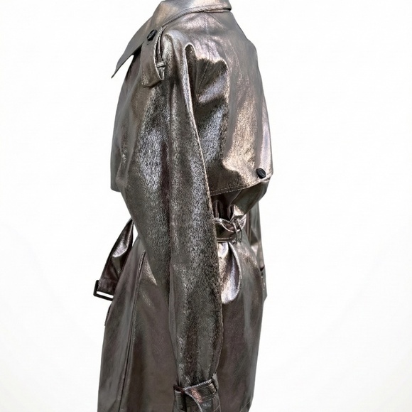 Metallic Silver Distressed Faux Leather Double Breasted Belted Trench Coat - Picture 3 of 6